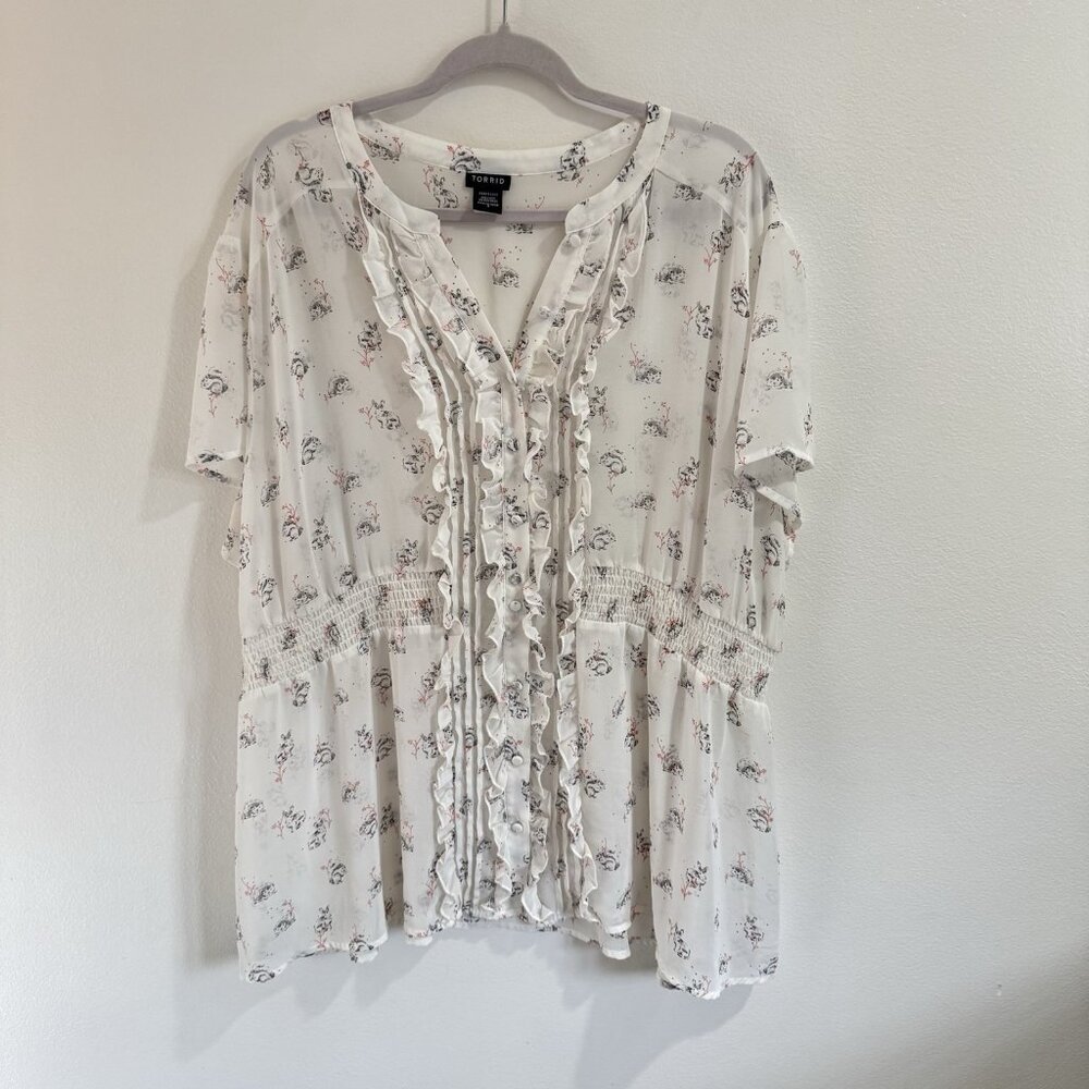 Torrid Blouse Shirt 4 / 4X Chiffon Ruffle Romantic Forest Animals Bunny Squirrel